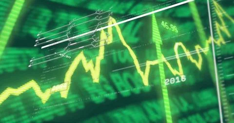 Displaying yellow line chart moving on market screen, showing overlays, green Stock Illustration