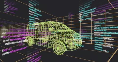 Displaying yellow wireframe SUV model sitting within 3D grid workspace, with Stock Illustration