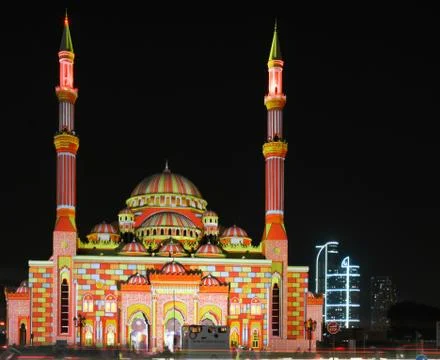 Displays of Islamic Eastern patterns on a mosque - Sharjah lights festival Stock Photos