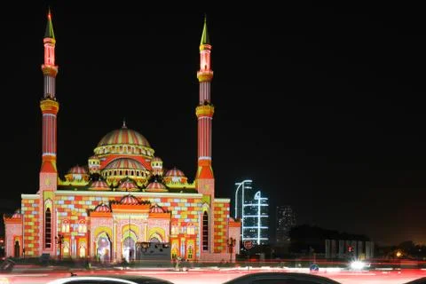 Displays of Islamic Eastern patterns on a mosque - Sharjah lights festival Stock Photos