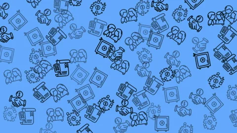 Displays a pattern with many different icons scattered on blue. Suitable for bac Stock Footage 325023668