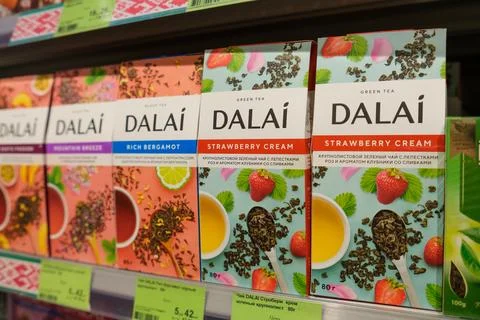 Displays of Tea Boxes on Store Shelf With Flavors Like Strawberry Cream and Stock Photos