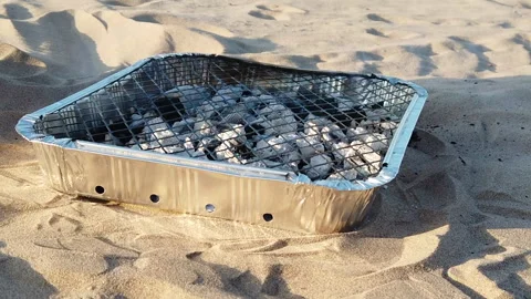 Disposable BBQ Grill on a Sandy Beach Stock Footage 307227922