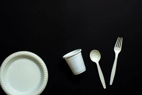 Disposable biodegradable fork, spoon, glass and plate of corn starch Фото