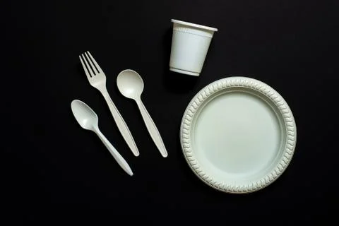 Disposable biodegradable fork, spoon, glass and plate of corn starch Фото