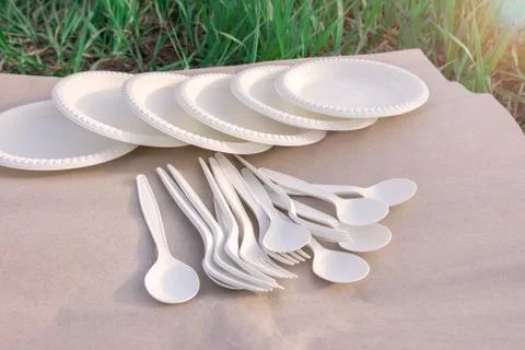 Disposable biodegradable tableware on craft paper in nature. Stock Photos
