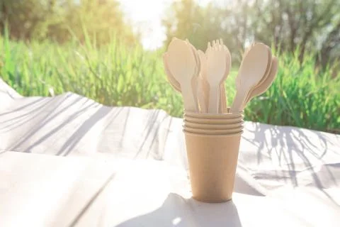 Disposable biodegradable tableware on craft paper in nature Stock Photos