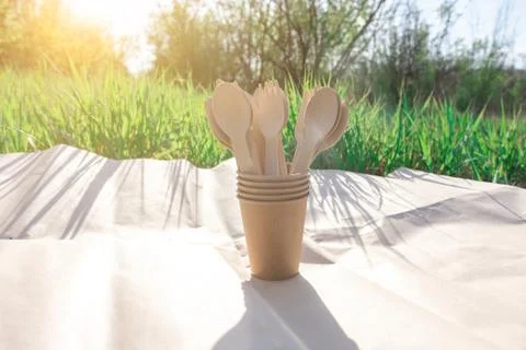Disposable biodegradable tableware on craft paper in nature. Stock Photos
