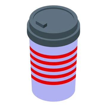 Disposable coffee cup with red stripes and gray lid isometric view Stock Illustration