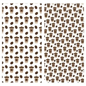 Disposable coffee cups with lid, patterned holder and coffee beans Seamless Illustrazione stock