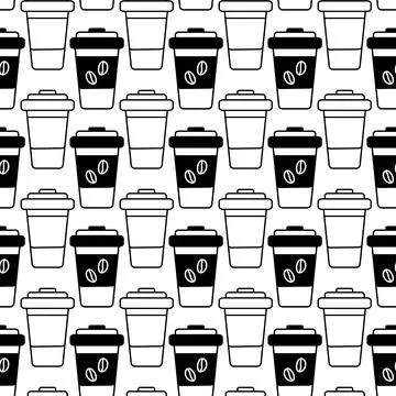 Disposable coffee cups seamless pattern. Abstract outline drawn background Illustrazione stock