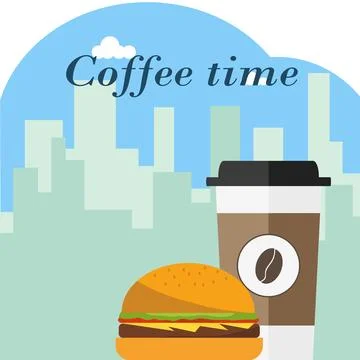 A disposable cup of coffee with a hamburger on a background of the urban Stock Illustration
