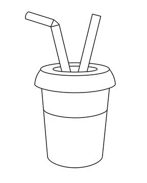 Disposable cup with drink and drinking straws - vector linear picture Illustrazione stock
