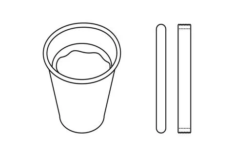 Disposable cup, stirring rod and sugar stick Outline Icon Sticker Logo Pictogram Stock Illustration