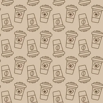 Disposable cups with coffee bean or heart on label Seamless Pattern in trendy Stock Illustration