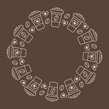 Disposable cups with lid, coffee beans and decorative hearts Circle Frame border Stock Illustration