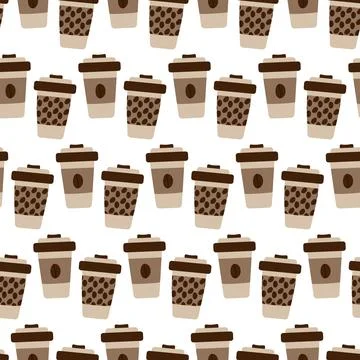 Disposable cups with lid, patterned holder and coffee beans Seamless pattern Stock Illustration