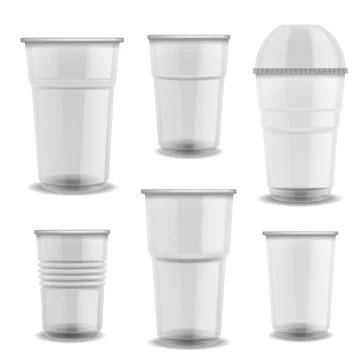 Disposable cups transparent plastic. Glasses with dome lid empty various size Illustrazione stock