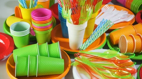 Disposable dinnerware. A set of dishes made of plastic Stock-Footage 93877215