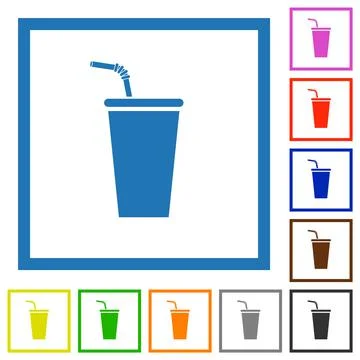 Disposable drinking cup with straw flat framed icons Stock Illustration