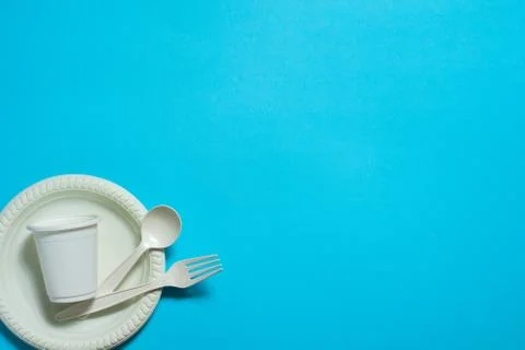 Disposable eco-friendly fork, spoon, plate and cup of corn starch Stock Photos