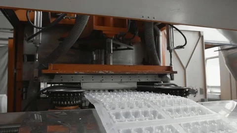 Disposable food package ware manufacturing plant, eggs container production line Stock Footage 101864701
