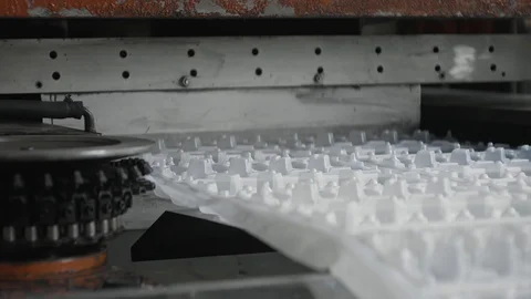 Disposable food package ware manufacturing plant, eggs container production line Stock Footage 101864909