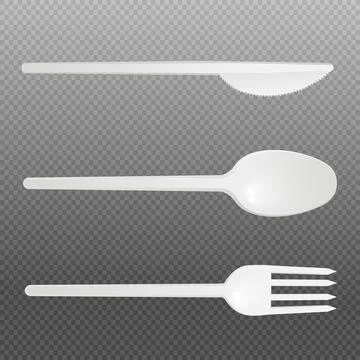 Disposable fork, knife and spoon serving set, 3d vector illustration isolated. Stock Illustration
