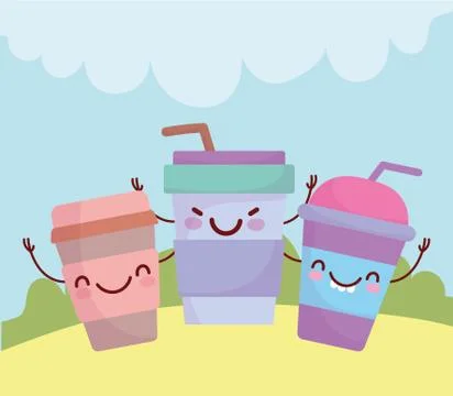 Disposable paper cups coffee menu character cartoon food cute Stock Illustration