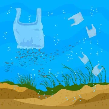 Disposable plastic bag breaks up into small pieces. Microplastic in ocean. Stock Illustration