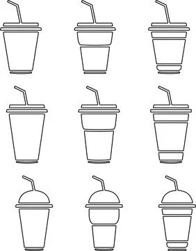 Disposable plastic coffee or tea cup with straw icon vector set. cold drink.. Stock Illustration