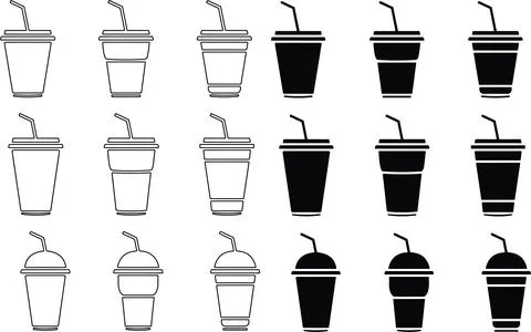 Disposable plastic coffee or tea cup with straw icon vector set. cold drink.. Stock Illustration