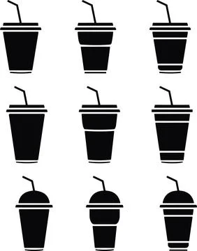 Disposable plastic coffee or tea cup with straw icon vector set. cold drink.. Stock Illustration