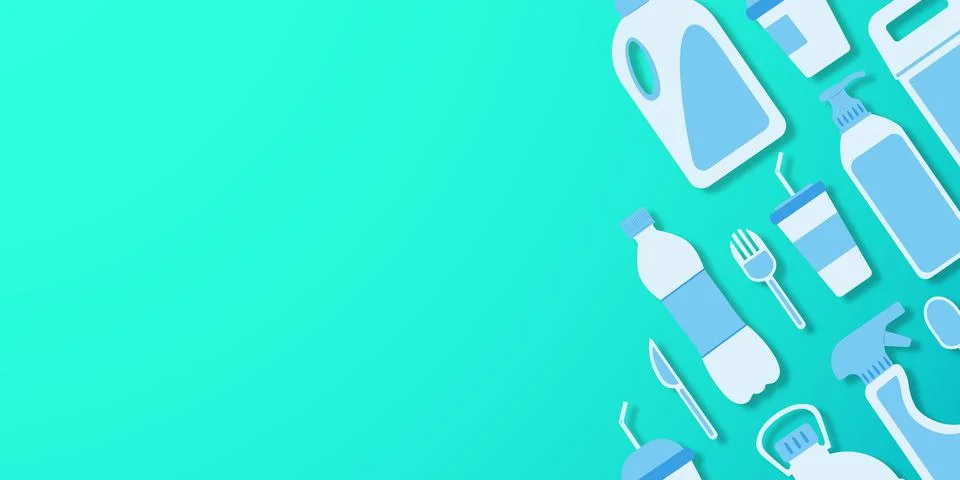 Disposable plastic. Copy space. Flat lay. Bottle, glass, spoon, knife, canist 库存插图