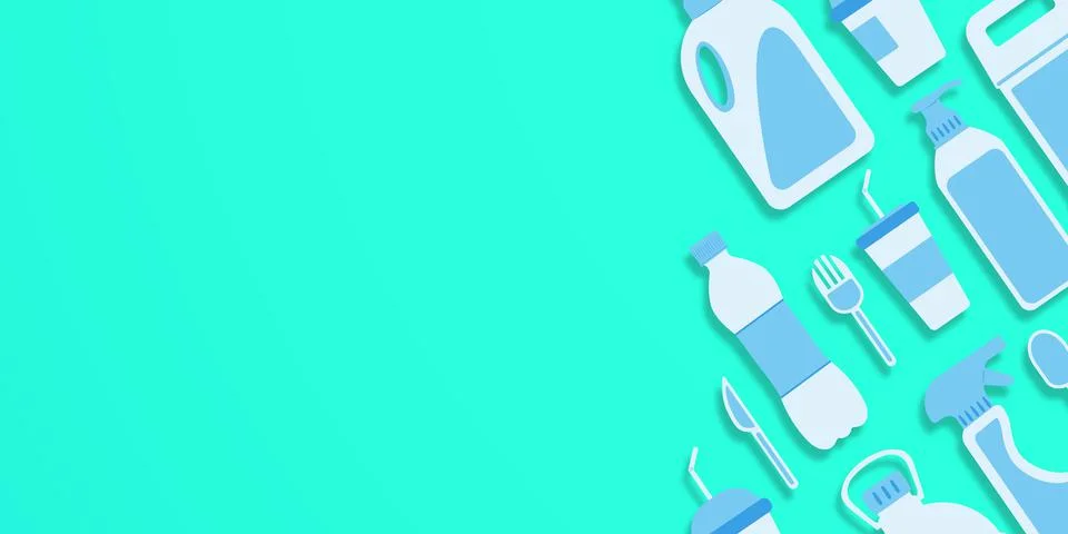 Disposable plastic. Copy space. Flat lay. Bottle, glass, spoon, knife, canist Illustrazione stock