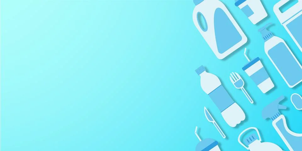 Disposable plastic. Copy space. Flat lay. Bottle, glass, spoon, knife, canist Stock Illustration