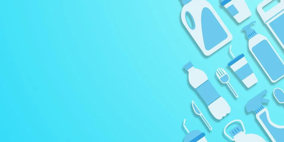 Disposable plastic. Copy space. Flat lay. Bottle, glass, spoon, knife, canist Ilustración de archivo