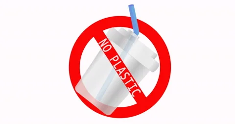 Disposable plastic cup with drinking straw. Warning sign. 4K video Stock Footage 106668877