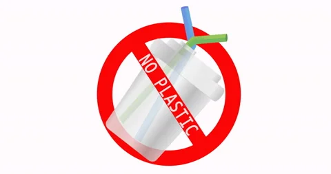 Disposable plastic cup with drinking straw. Warning sign. 4K video Stock Footage 106669128