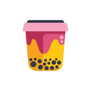 Disposable plastic cup filled with bubble tea and boba balls with a pink lid Stock Illustration