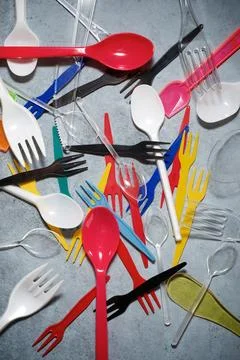 Disposable plastic cutlery Stock Photos