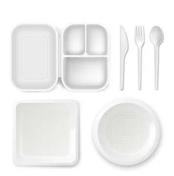 Disposable plastic dishware illustration of 3D realistic lunchbox plate and Stockillustratie