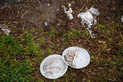 Disposable plastic tableware left in forest long time ago. Foto stock