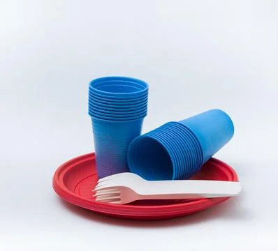 Disposable Plastic Tableware Set Isolated on White Background Stock Photos