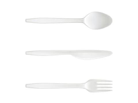 Disposable plastic vector spoon, knife and fork isolated cutlery realistic Stock-Illustration