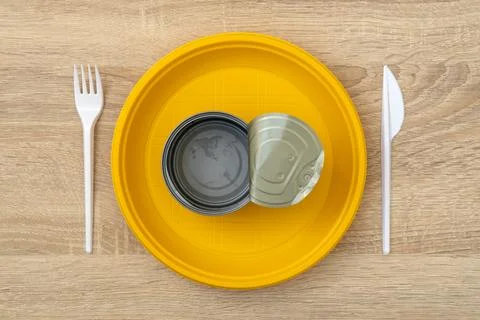 A disposable plate plate with an opened empty tin can surrounded by fork, a.. Stock Photos