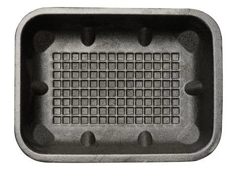 Disposable polystyrene foam rectangular plate for packaging vegetables and .. Stock Photos