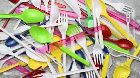 Disposable single-use plastic forks, spoons and knifes Stock Footage 133199817
