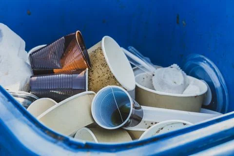 Disposable Single Use Plastin in Garbage Bin Stock Photos