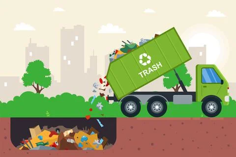 Disposal of waste in a garbage pit. it is illegal to put garbage in. Illustrazione stock